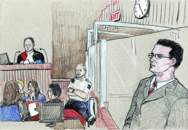 Michael Rafferty sits in the prisoner's dock as Justice Heeney presides over the initial stages of jury selection. (Illustration by CHARLES VINCENT, The London Free Press)