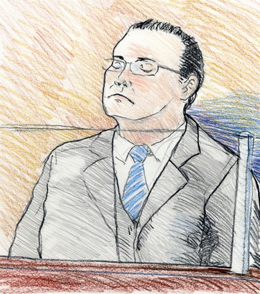 Michael Rafferty slumps back in his chair in the prisoner's box after the verdict is read, while the jurors are being thanked for their duties. (Sketch by Charles Vincent.
