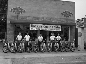 Rocky's Cycle Centre on Wharncliffe Road, pictured in the middle is owner Rocky Robb, September 1965.