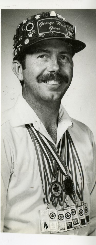 Norm Barr, Canadian air pistol and free pistol champion of Aylmer, received seven gold medals, 1983. (London Free Press files)