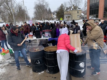 Citzens block a level rail crossing in downtown London as part of a pipeline protest on Friday Feb. 28, 2020. (DEREK RUTTAN, The London Free Press)