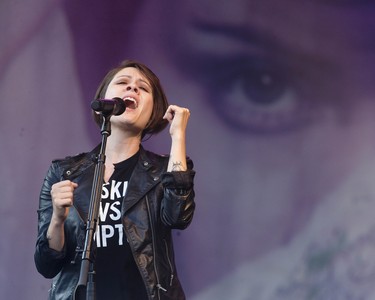 Tegan Quin of the band Tegan and Sara gets the crowd moving as they play Rock The Park in Harris Park in London, Ontario on Thursday July 24, 2014. CRAIG GLOVER/The London Free Press/QMI Agency