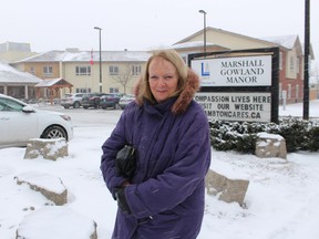 Sarnia Coun. Margaret Bird stands outside Marshall Gowland Manor, a Lambton County-operated long-term care home where there were recent incidents of an unauthorized volunteer caring for residents and administering medication. Bird unsuccessfully called for Lambton County council to seek a third-party audit of its long-term care homes in response to complaints she received.