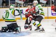 London Knights defenceman Gerard Keane ties up Ottawa 67s Jack Beck in front of Knights goalie Brett Brochu during Monday's OHL game in Ottawa. The Knights won 4-2. (Valerie Wutti, Postmedia Network)