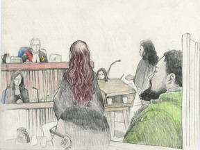 Oluwatobi Boyede, in green, looks on as defence and Crown lawyers address Justice Jonathon George. (CHARLES VINCENT, Special to the London Free Press)