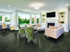 Medium stained flooring is an excellent choice that transitions from modern to traditional interiors. Power Dekor Palatial Chevron Engineered Hardwood Flooring, $10.50/ sq.ft., www.HomeDepot.ca