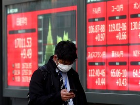 Electronic displays reflect the current stock market trends as the financial world reacts to the COVID-19 pandemic in Tokyo on March 17, 2020 in Tokyo, Japan. (Photo by Clive Rose/Getty Images)