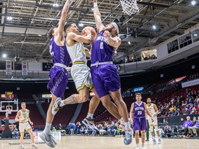 Tyus Jefferson, middle, of the Alberta Golden Bears tries to drive to the basket between Omar Shiddo, left, and Eriq Jenkins of the Western Mustangs in a U Sports Final 8 men's basketball quarterfinal at the arena at TD Place in Ottawa on Friday, March 6, 2020. Western won the game 86-72. (Valerie Wutti/U Sports)