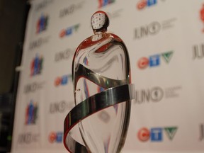 The Juno award sets on the back-room red carpet in Saskatoon.