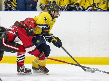 STA Flame Emma Pais reaches to knock the puck off the stick of St. Joe's Ram Emily Arn during their TVRA District AA girls hockey game at the St. Thomas Elgin Memorial Centre in St. Thomas, Ont. on Tuesday March 3, 2020.The Flames won the game 4-1 forcing a third and final game in their championship series on Wednesday. Derek Ruttan/The London Free Press/Postmedia Network