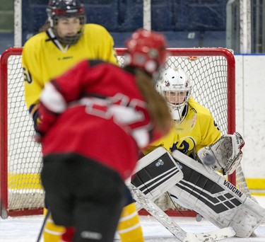 STA Flame Madison Chantler fire the puck at St. Joe's Rams goalie Alyssa Geisbrecht  during their TVRA District AA girls hockey game at the St. Thomas Elgin Memorial Centre in St. Thomas, Ont. on Tuesday March 3, 2020.The Flames won the game 4-1 forcing a third and final game in their championship series on Wednesday. Derek Ruttan/The London Free Press/Postmedia Network