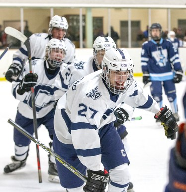 Nash Glover celebrates after he scored to give the  CCH Crusaders a 3-1 lead in the third period  of their WOSSA AAA championship game against the Lucas Vikings at Stronach Arena  in London, Ont. on Tuesday March 10, 2020. The Crusaders went on to win the game 4-2.  (Derek Ruttan/The London Free Press)
