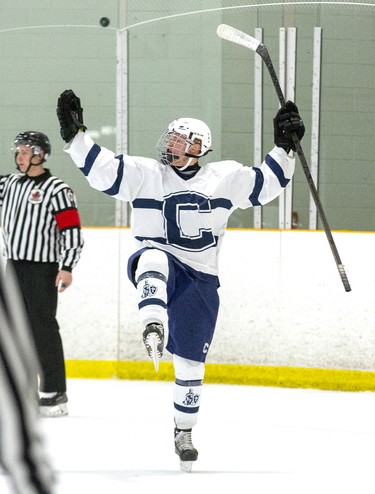 CCH Crusader Matthew Pimentel celebrates his second period goal against the Lucas Vikings during their WOSSA AAA championship game at Stronach Arena  in London, Ont. on Tuesday March 10, 2020. The Crusaders went on to win the game 4-2. (Derek Ruttan/The London Free Press)