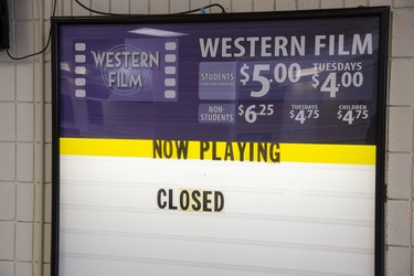 The movie theatre at  Western's University Campus Centre, and all other movie theatre's in the province have been closed. Photo shot in London, Ont. on Tuesday March 17, 2020. Derek Ruttan/The London Free Press/Postmedia Network