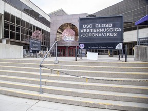 The normally bustling Concrete Beach at Western's University Community Centre is all but deserted on St. Patrick's Day with classes cancelled and many services shut down to help prevent the spread of COVID-19. (Derek Ruttan/The London Free Press)