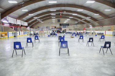 Oakridge Arena which has been transformed into a coronavirus assessment centre in London, Ontario. The chairs in the patient waiting area situated two metres away from each other. Photo shot on Tuesday March 17, 2020.  Derek Ruttan/The London Free Press/Postmedia Network