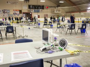 Medical instruments await patients at London's Oakridge Arena, home to the city's first coronavirus assessment centre, on Tuesday. (Derek Ruttan/The London Free Press)