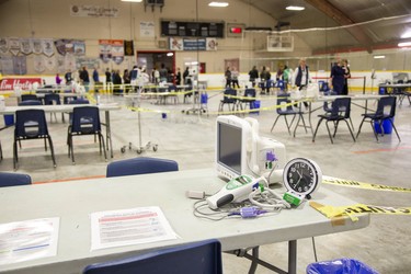 Medical instruments await patients at Oakridge Arena which has been transformed into a coronavirus assessment centre in London, Ont. on Tuesday March 17, 2020.  Derek Ruttan/The London Free Press/Postmedia Network