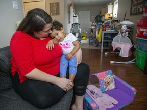 Family help and working from home are not options for Danielle Lebel as she tries to figure out how to look after her 16-month-old daughter Lucca Jeanne Lebel-Allen and return to work. “I’m sort of at a loss at this point,” she said. (Derek Ruttan/The London Free Press)