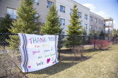 A painted a thank-you note on a bedsheet  has been hung on the fence at Henley Place Long Term Care Residence in London, Ont. Derek Ruttan/The London Free Press/Postmedia Network