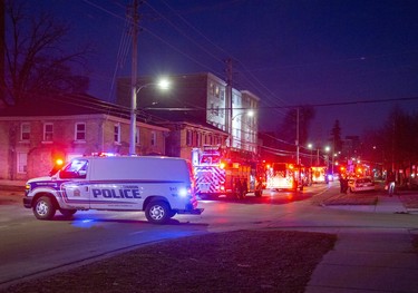 One person was taken to the hospital with unknown injuries from an apartment fire that began around 8:00pm at 446 King Street in London, Ont. on Friday March 27, 2020. Derek Ruttan/The London Free Press/Postmedia Network