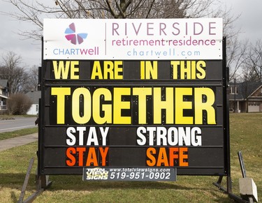 A message of unity from Chartwell Riverside Retirement Residence  in London, Ont. on Sunday March 29, 2020. Derek Ruttan/The London Free Press/Postmedia Network