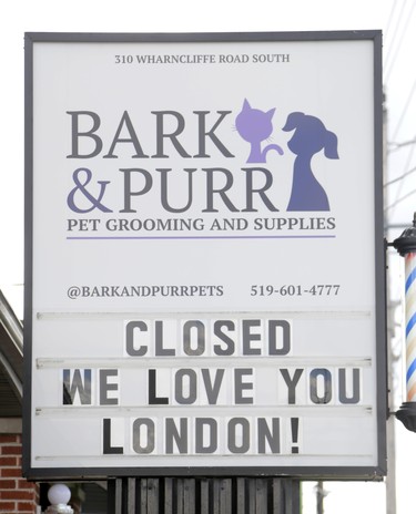 Bark and Purr Pet Grooming and Supplies expresses it's love for Londoners in London, Ont. on Sunday March 29, 2020. Derek Ruttan/The London Free Press/Postmedia Network