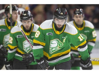 Knights captain Liam Foudy skates back to the bench after scoring the first goal of the game against the Sarnia Sting during OHL action Friday March 6, 2020 at Budweiser Gardens.  Mike Hensen/The London Free Press