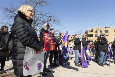 London West MPP Peggy Sattler was on hand Sunday for the rally celebrating International Women's Day at Victoria Park before they marched to the Central Library on Dundas Street in London. (Mike Hensen/The London Free Press)