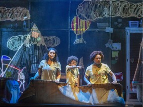The Grand Theatre’s production of Room by Emma Donoghue features Alexis Gordon as Ma, Quinsley Edison as Jack and Brandon Michael Arrington as SuperJack. The rug becomes a flying carpet full of imaginary sights during the play. (Mike Hensen, The London Free Press)