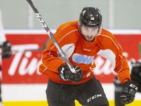 Knights captain Liam Foudy practises at Western Fair Sports Centre in London on Wednesday. Foudy has the OHL’s longest active point streak at 18 games. (Mike Hensen/The London Free Press)