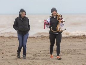 Laura Jenkins of Port Stanley watches as her sister Kaitlyn tries to control a wild puppy beagle named Brave. They were walking along the main beach on Monday March 30, 2020.  (Mike Hensen/The London Free Press)