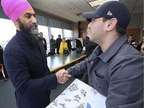 Federal NDP Leader Jagmeet Singh, left, greets Jamie Gilbert, a member of Unifor Local 2027 prior to a press conference on Thursday, March 5, 2020, at the Unifor Regional Office in Windsor.