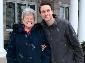 Sarnia skater Michael Marinaro stands with his grandmother, Charlotte Jones, outside of her Landmark Village retirement home. Jones died Tuesday due to COVID-19, the family said. Handout/Sarnia Observer/Postmedia Network