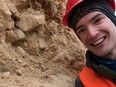Daniel Field, an evolutionary palaeobiologist at the University of Cambridge, points to where bones of a 66.7-million-year-old bird fossil were found in Belgium. (Daniel Field photo)