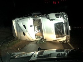 Chatham-Kent OPP provided a photo of a tractor trailer that crashed on Highway 401 in Chatham-Kent early Tuesday morning.