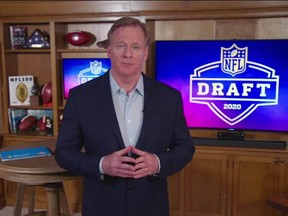 NFL Commissioner Roger Goodell speaks from his home in Bronxville, N.Y., during Thursday's first round of the 2020 NFL draft.