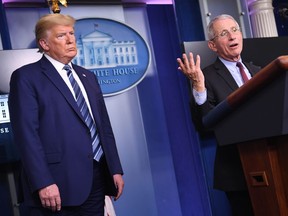 Director of the National Institute of Allergy and Infectious Diseases Anthony Fauci speaks as US President Donald Trump listens during an unscheduled briefing after a Coronavirus Task Force meeting at the White House on April 5, 2020, in Washington, DC. (Photo by Eric BARADAT / AFP)