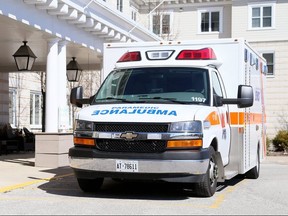 An ambulance is parked in front of Landmark Village retirement home after paramedics unloaded a patient in Sarnia, Ont., on Thursday, April 2, 2020.  (Mark Malone/Postmedia Network)