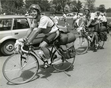David Stephens, 23 and his brother Andrew, 21, Lambeth cyclists on a cross-Canada crusade to raise environmetnal awareness among students, 1990. (London Free Press files)