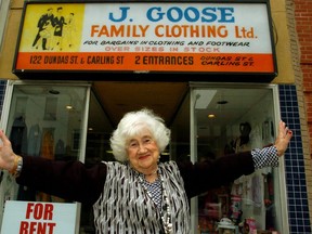 Iconic London retailer Fanny Goose Goose was known for her kindness to newcomers and others who were struggling, often doling out free clothing, letting people pay what they could manage, and even keeping a stash of wedding dresses for brides who couldn’t afford one. Goose died of heart failure Monday, April 13. (Files)