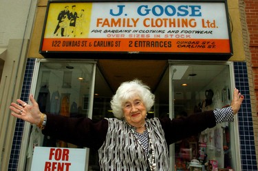Iconic London retailer Fanny Goose Goose was known for her kindness to newcomers and others who were struggling, often doling out free clothing, letting people pay what they could manage, and even keeping a stash of wedding dresses for brides who couldn’t afford one. Goose died of heart failure Monday, April 13. (Files)