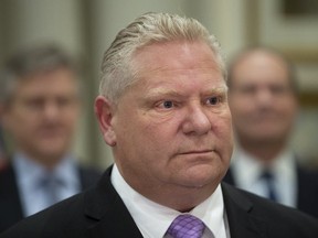 Ontario Premier Doug Ford delivers a message via video to Ontario residents from his office regarding the province's efforts to manage the coronavirus pandemic on Friday, March 13, 2020.