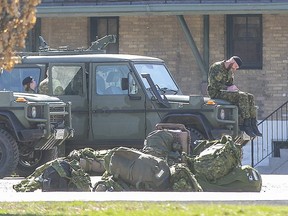 Members of the First Hussars regiment gathered at Wolseley Barracks in London, Ont. on Monday prior to shipping out to CFB Borden. Derek Ruttan/The London Free Press/Postmedia Network