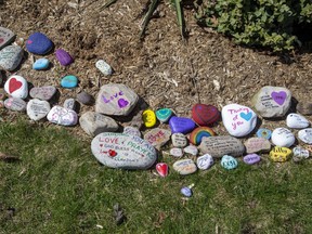 A memorial of painted rocks at the home of Ron Holliday's family in London, Ont. on Monday April 6, 2020. Holliday died from COVID-19 on Friday.Derek Ruttan/The London Free Press/Postmedia Network