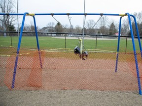 Authorities have taken serious measures to ensure that no one uses the playground equipment at Shelbourne Park in Port Stanley. Photo shot on Tuesday April 7, 2020. Derek Ruttan/The London Free Press/Postmedia Network