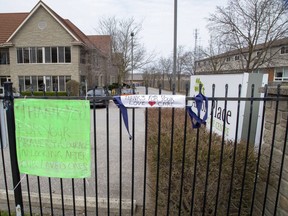 Signs are posted at Anson Place Care Centre, a long-term care and retirement home, in Hagersville. (Derek Ruttan, The London Free Press)