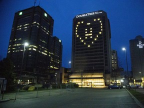 Downtown London's Double Tree by Hilton hotel is using room lights on 10 floors to create a large heart with the letter H to say thanks to front-line health and emergency workers during the pandemic. (Derek Ruttan/The London Free Press)