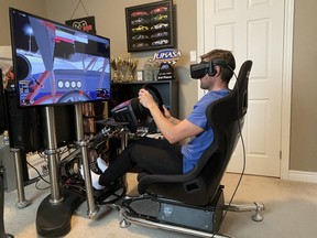 APC United Late Model Racing series racer Pete Shepherd III using his VRX home racing simulator to get ready for Thursday's iRacing Esports event. (Supplied)