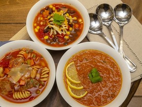 Italian, left, Tex-Mex and Indian versions of the same base soup recipe (Mike Hensen/The London Free Press)